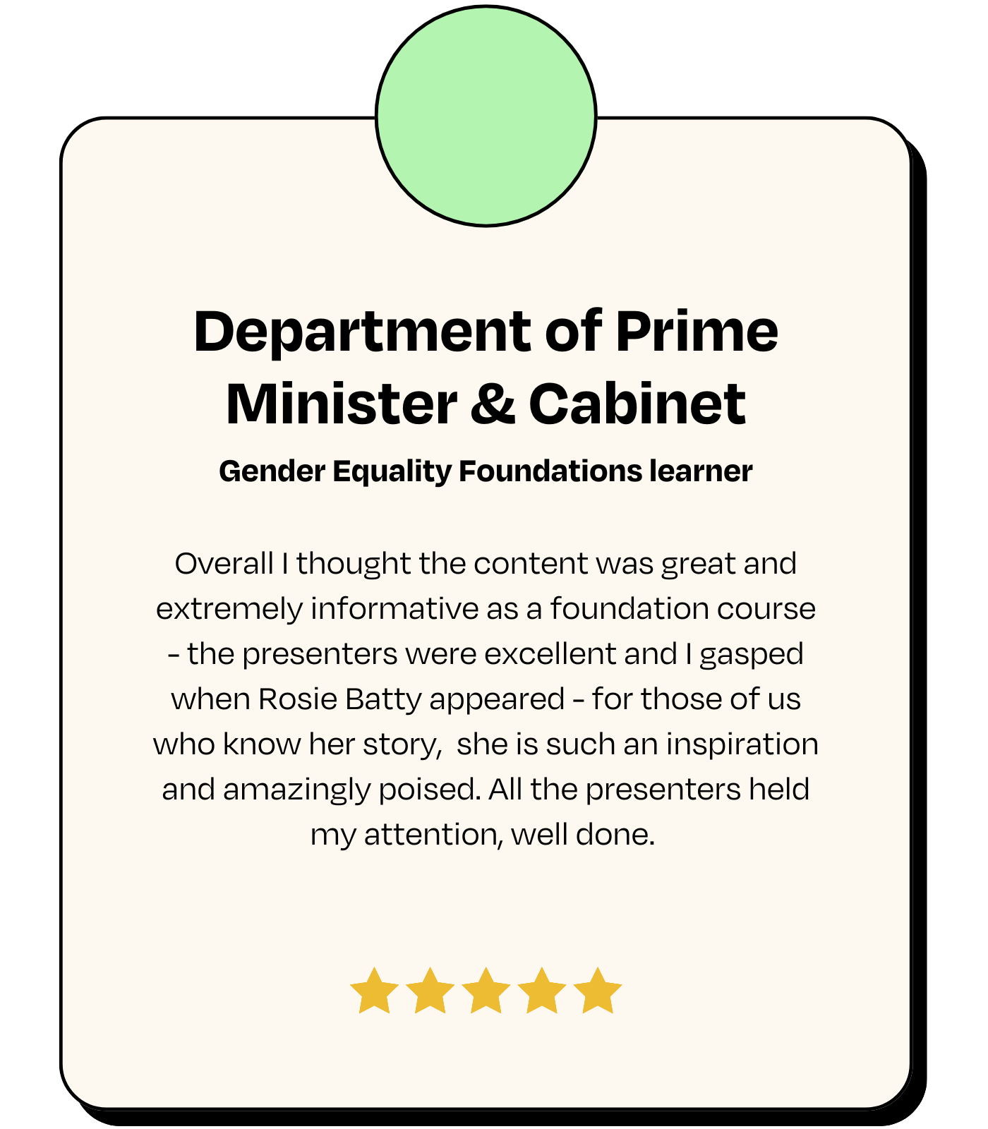 Testimonial: Department of Prime Minister & Cabinet, Gender Equality Foundations learner - 'Overall I thought the content was great and extremely informative as a foundation course - the presenters were excellent and I gasped when Rosie Batty appeared - for those of us who know her story, she is such an inspiration and amazingly poised. All the presenters held my attention, well done.'